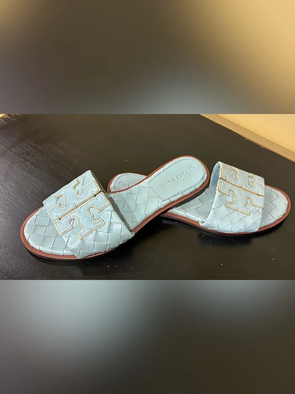 Tory Burch Sandals Slides double T Woven Leather Footbed Blue Gold Sz 6 NWOB